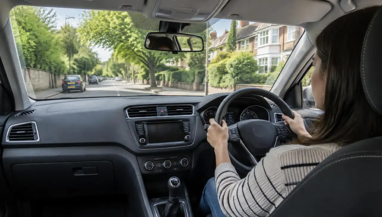 A learner at the wheel of a right-hand-drive car on a quiet UK street