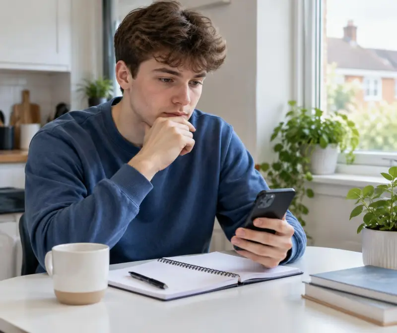 A learner revising on a phone beside a notebook